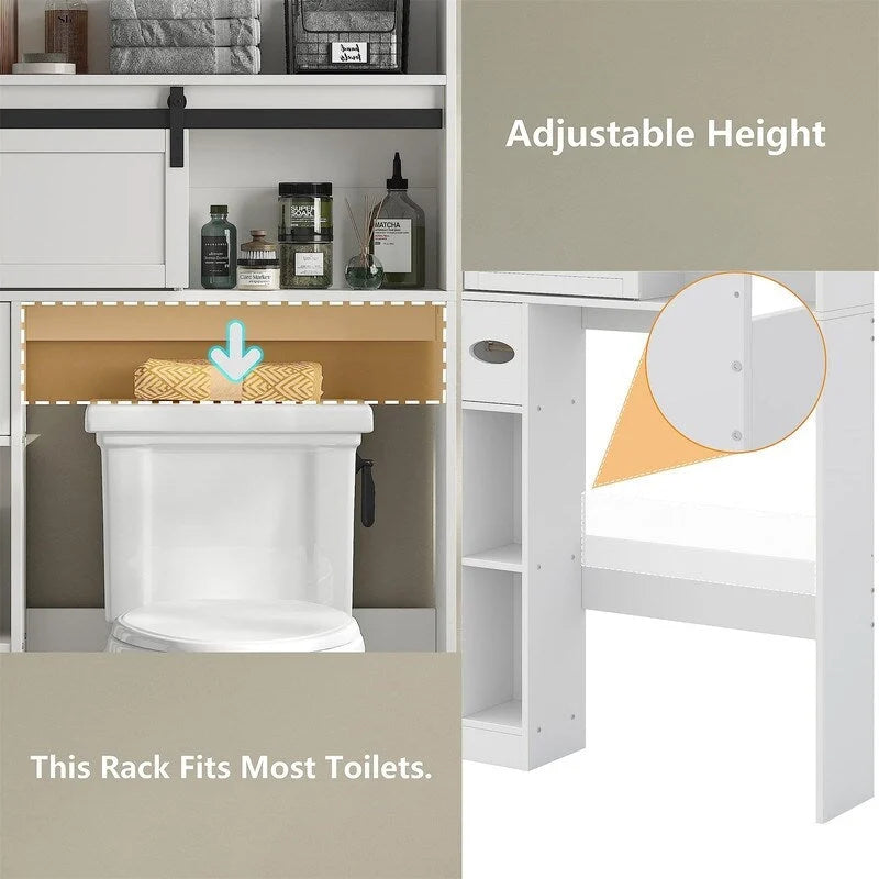 Meuble de rangement pour toilettes avec porte coulissante style grange et étagères ouvertes, Blanc