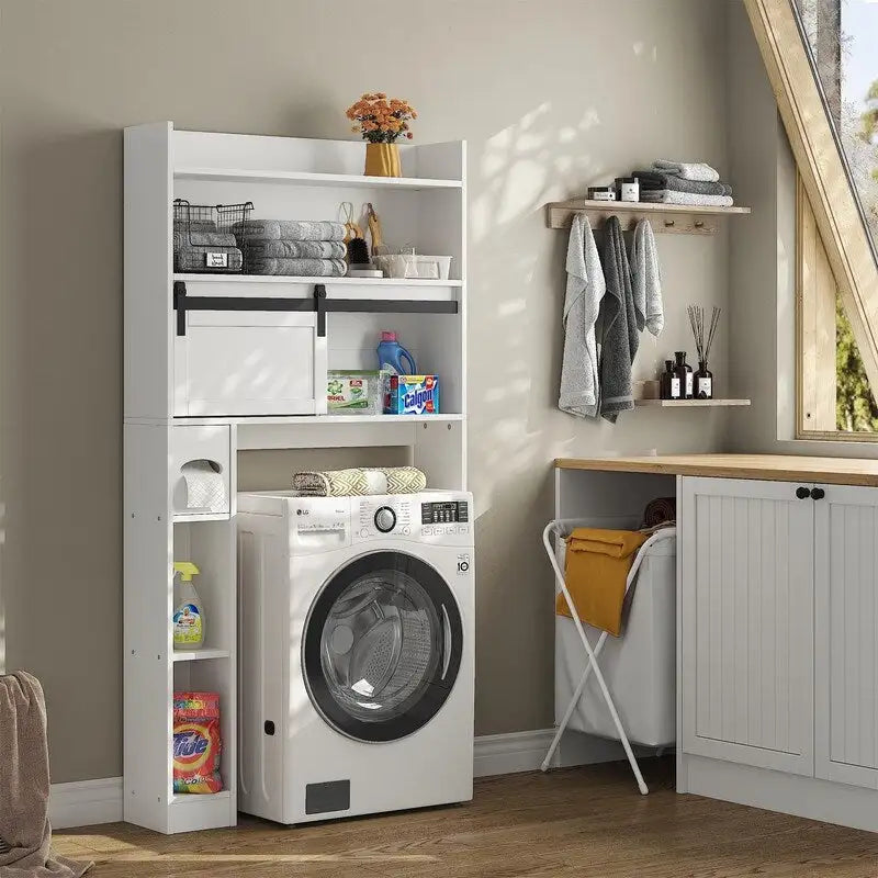 Meuble de rangement pour toilettes avec porte coulissante style grange et étagères ouvertes, Blanc