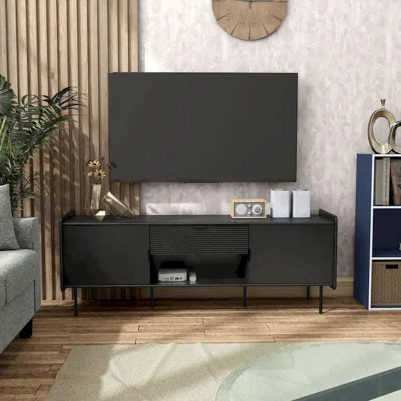 Meuble TV à panneaux cannelés avec placard et tiroir de rangement