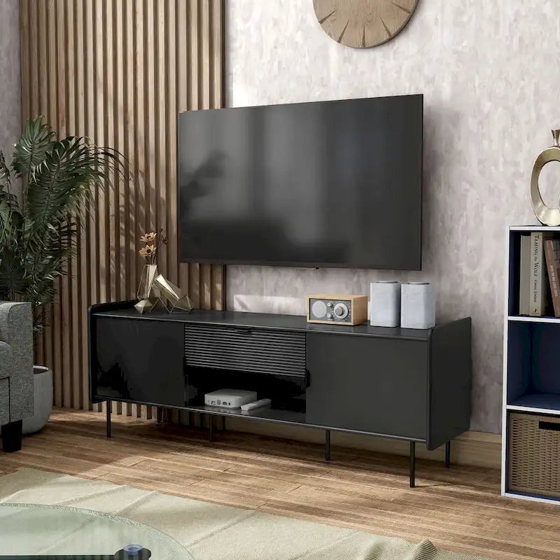 Meuble TV à panneaux cannelés avec placard et tiroir de rangement