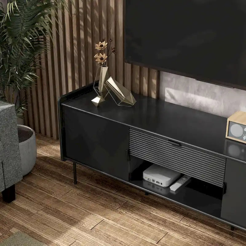 Meuble TV à panneaux cannelés avec placard et tiroir de rangement
