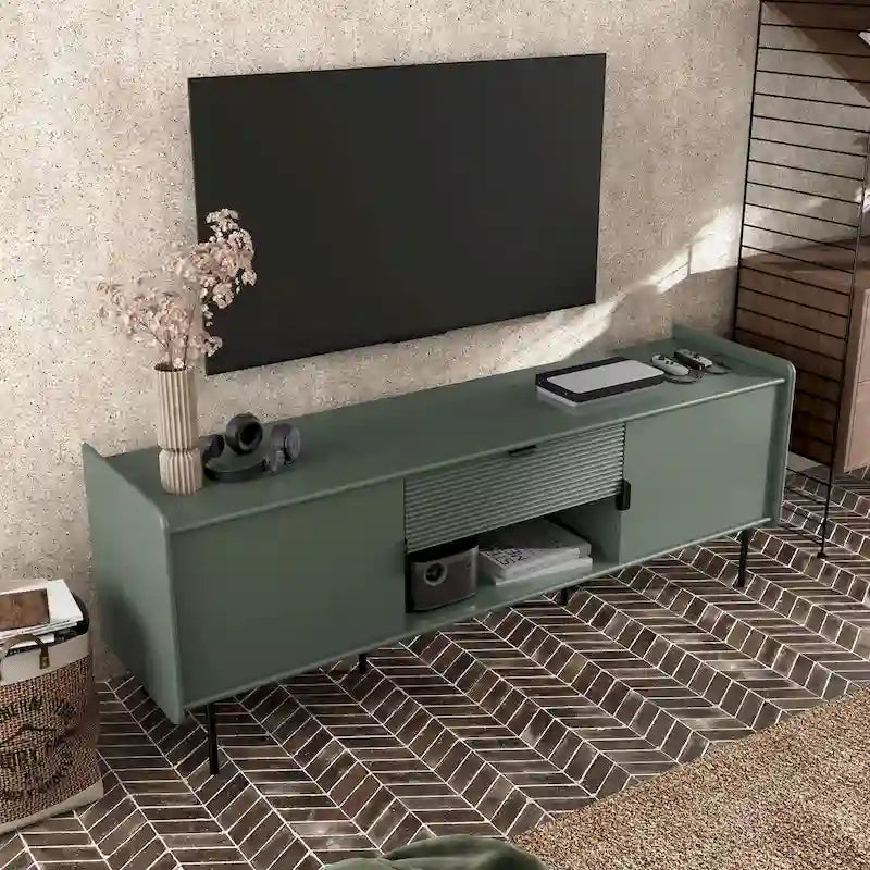 Meuble TV à panneaux cannelés avec placard et tiroir de rangement